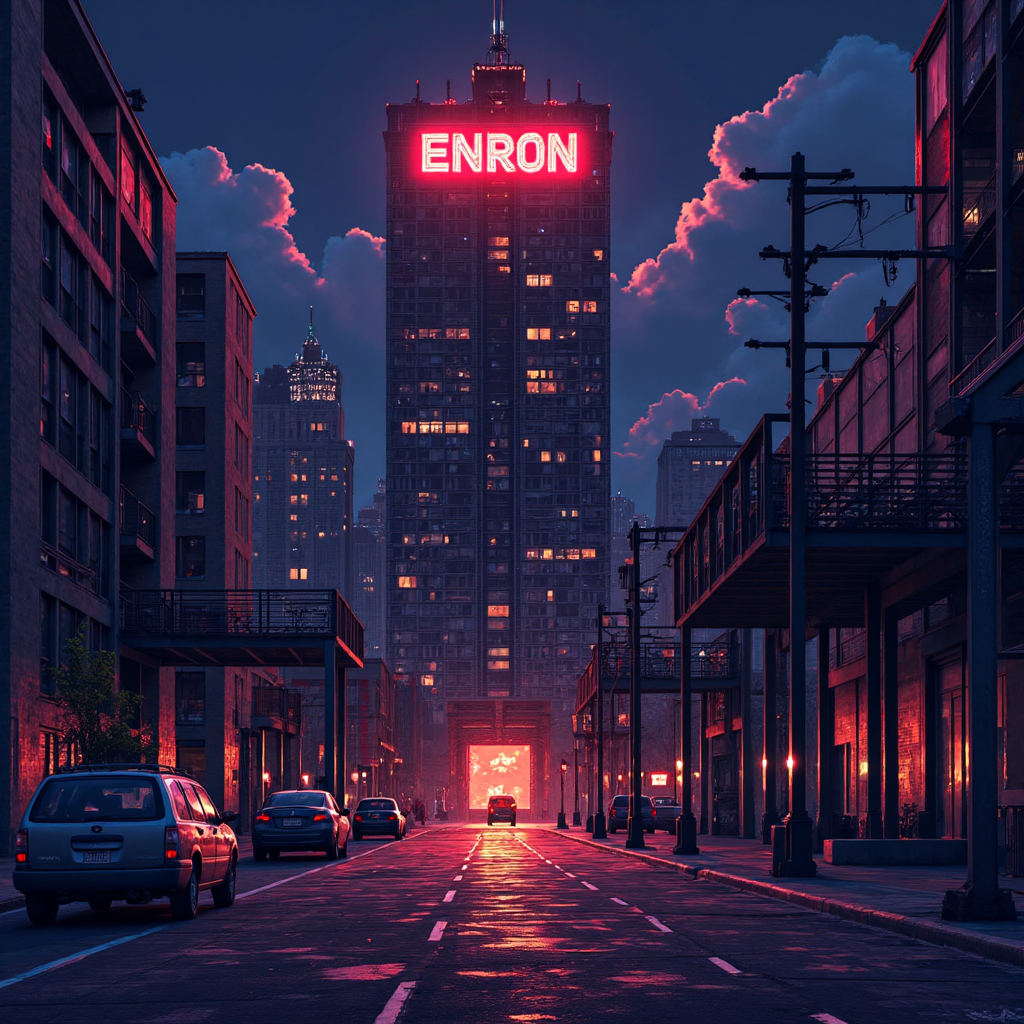an illustration depicting the towering headquarters of enron corporation bathed in a flickering neon light symbolizing prosperity fading into darkness with subtle hints of accounting ledgers scattered around