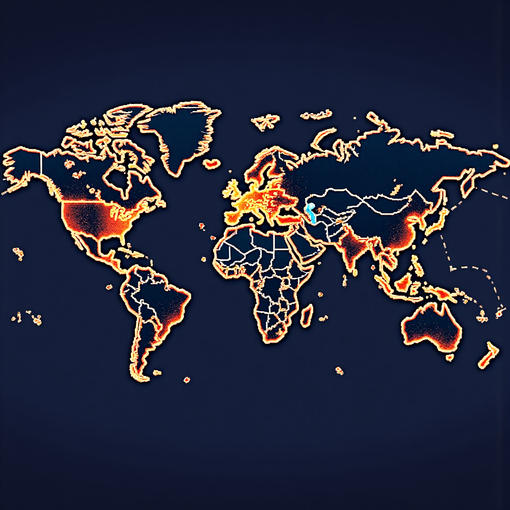 風格化世界地圖以發光金融網絡連接主要城市,突出美國金融中心,像素藝術風格