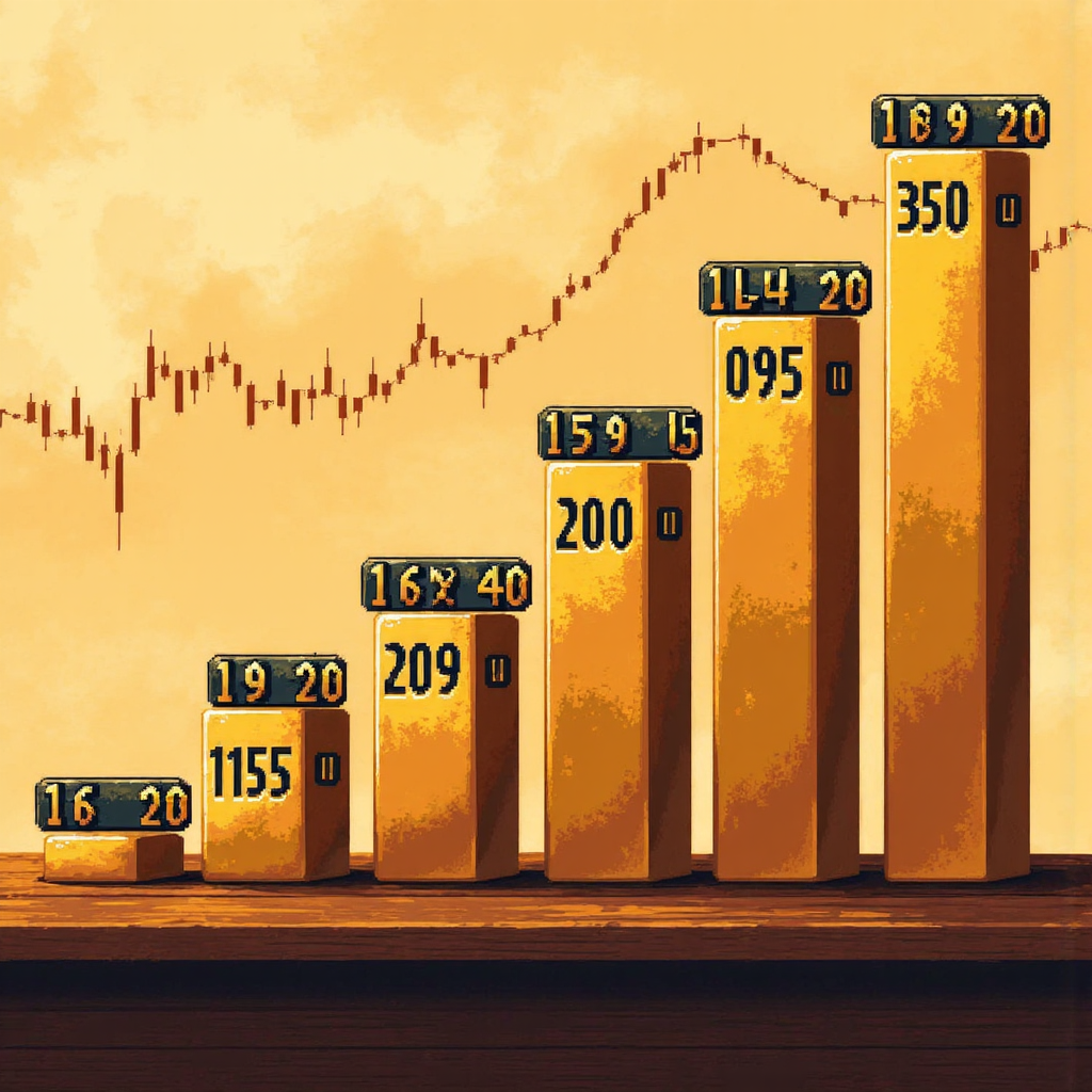 黃金價格歷史軌跡像素藝術圖,顯示數十年漲幅與經濟圖表背景