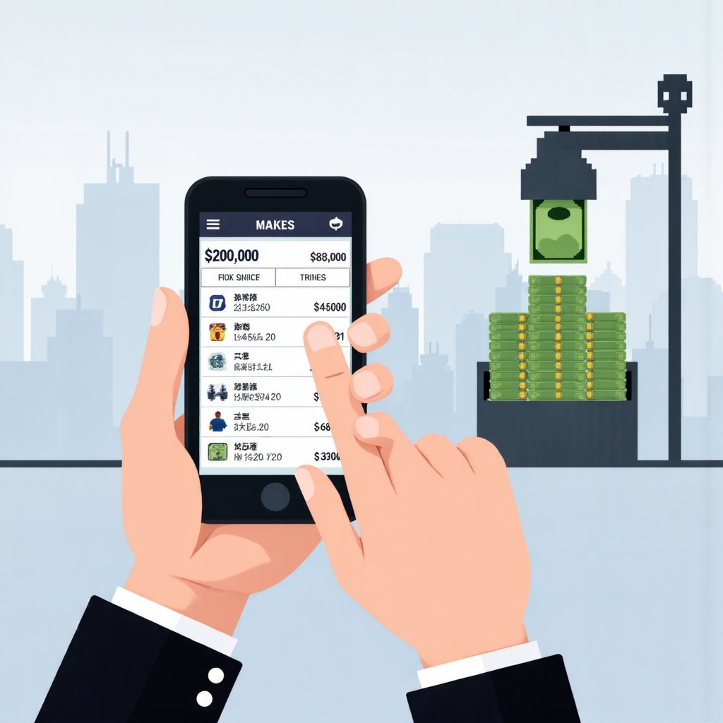 手持智慧型手機顯示香港股票交易應用程式,資金順利流入帳戶,專業而寧靜的氛圍像素藝術插圖