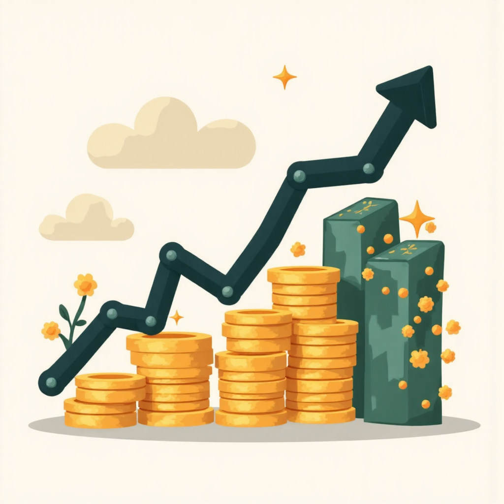 modern flat design illustration showing diverse investment assets like gold stocks and bonds with a subtle upward trend