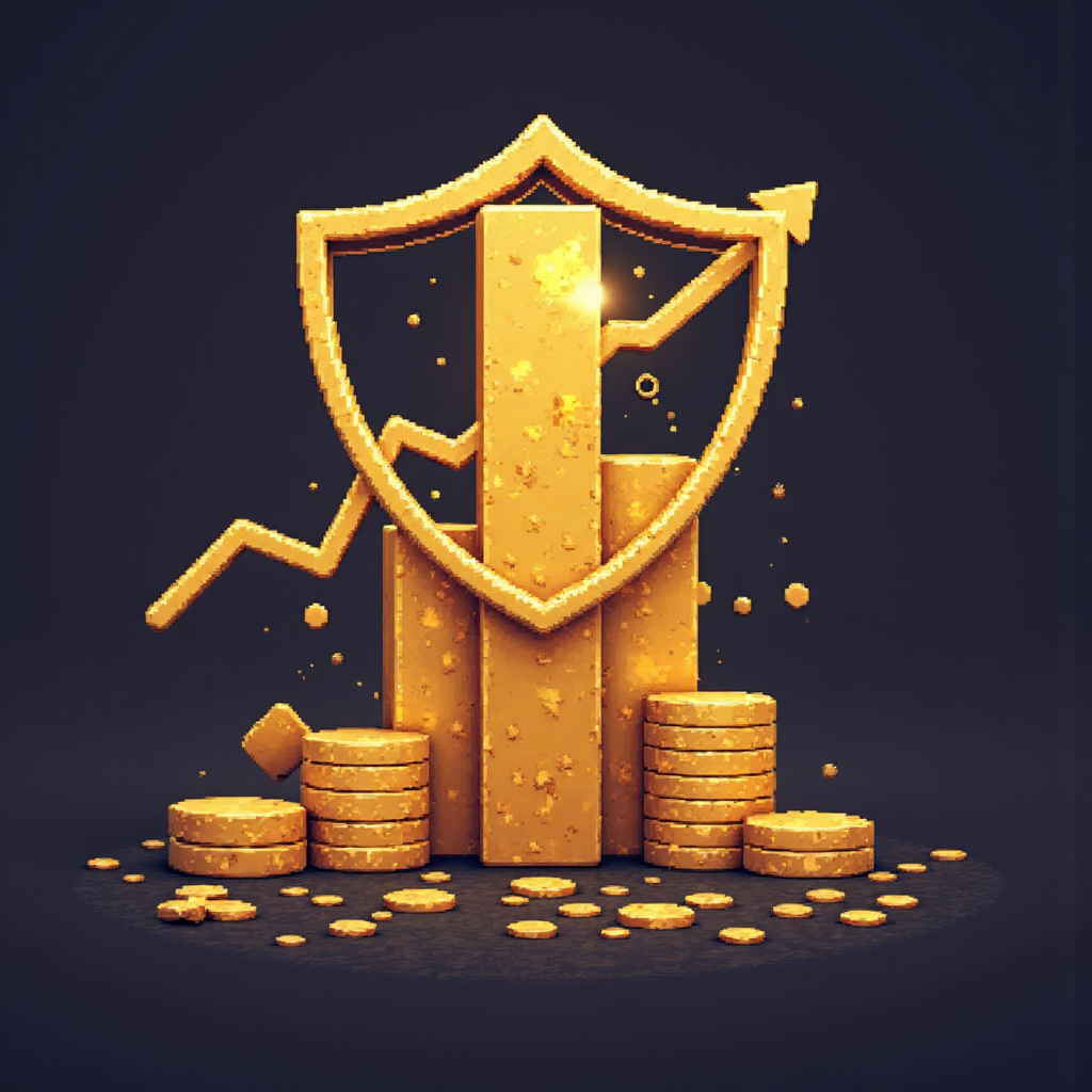 A powerful illustration of a golden bar chart reaching an all-time high point with a protective shield surrounding it signifying a safe haven asset during economic uncertainty soft ambient light