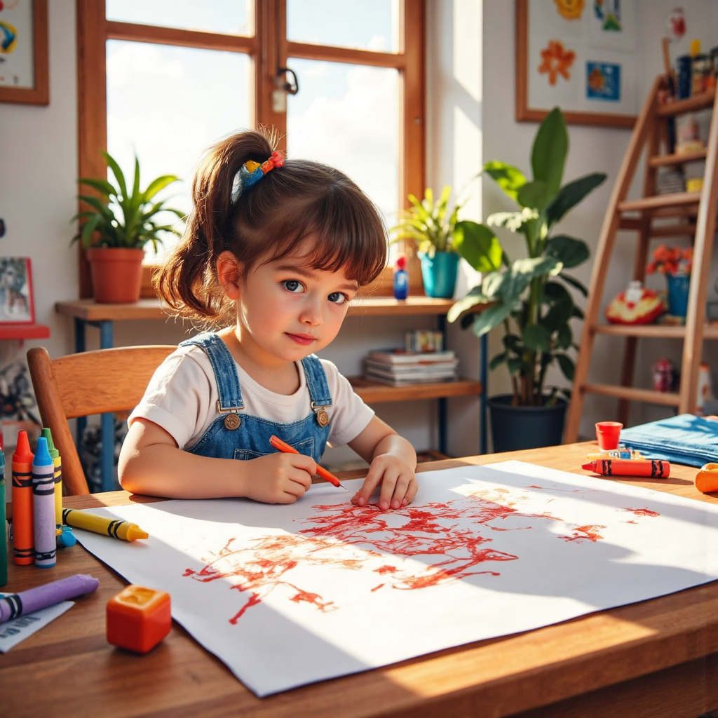 a child's hand holding a chunky jumbo crayon drawing on large paper in a sunny art studio with soft lighting and happy atmosphere