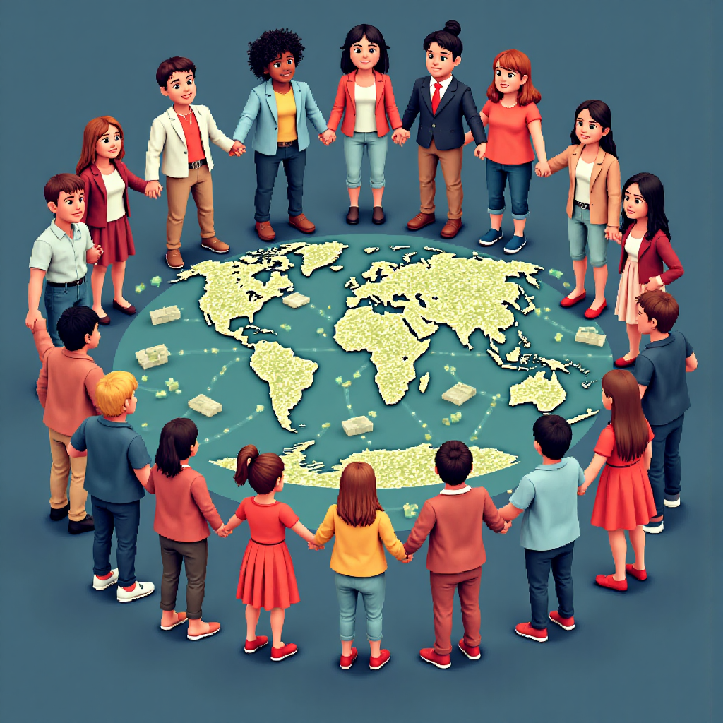 多元人群圍繞世界地圖手牽手連接發光金融線條的像素藝術插圖