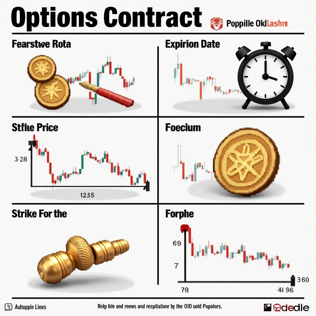 像素藝術風格的資訊圖，展示期權合約元素如到期日鐘錶、履約價標籤與權利金硬幣，背景為股票圖表
