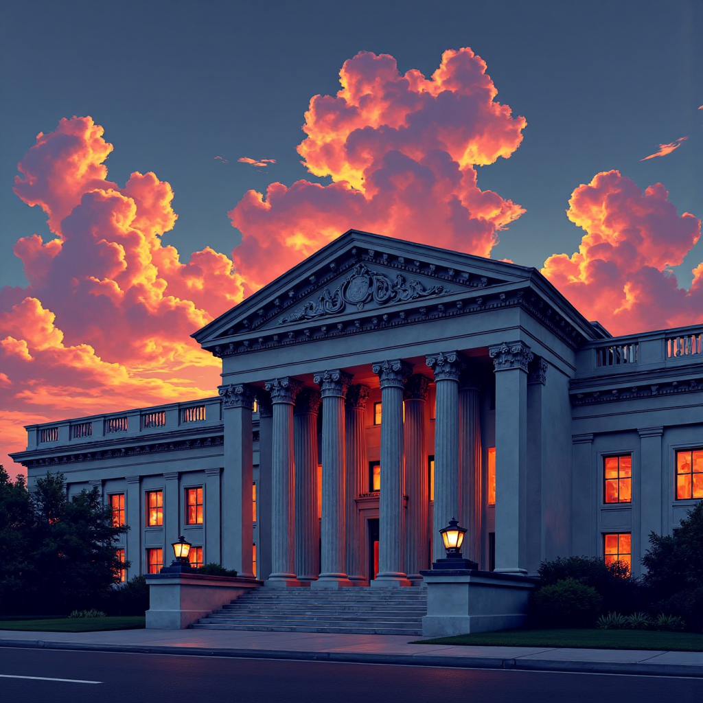 ภาพประกอบอาคารธนาคารกลางใต้ท้องฟ้ามืดครึ้ม สื่อถึงการตัดสินใจแนวเหยี่ยว พร้อมองค์ประกอบกราฟอัตราดอกเบี้ยที่เพิ่มขึ้น สไตล์พิกเซลอาร์ตสมัยใหม่