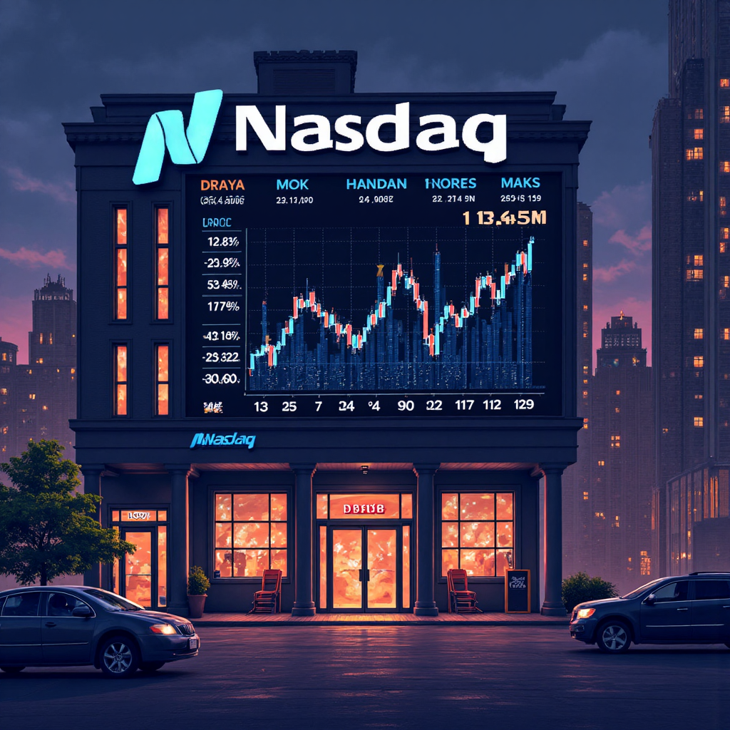 像素藝術風格的納斯達克交易所建築與向上趨勢圖表,象徵成長與投資機會