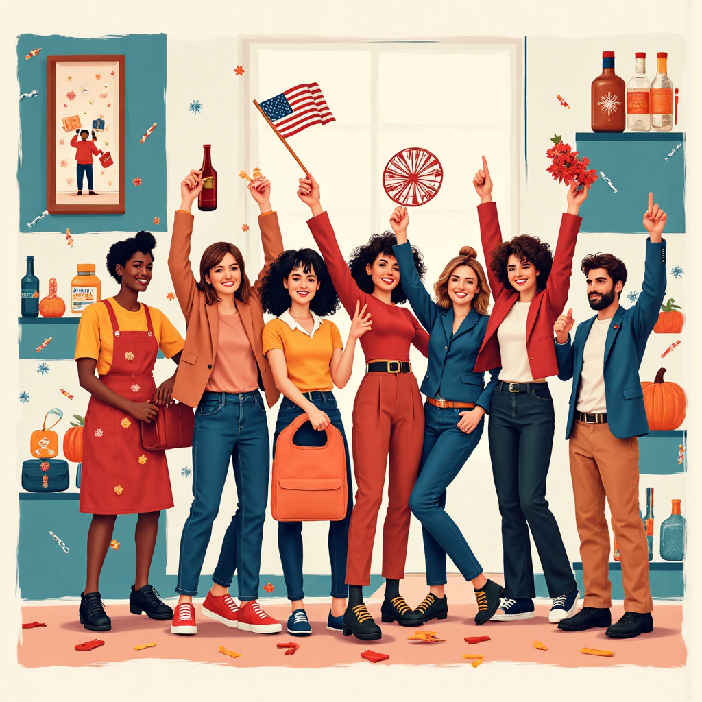 illustration of a diverse group of people celebrating different american holidays with colorful icons representing each holiday in a vibrant and cheerful atmosphere