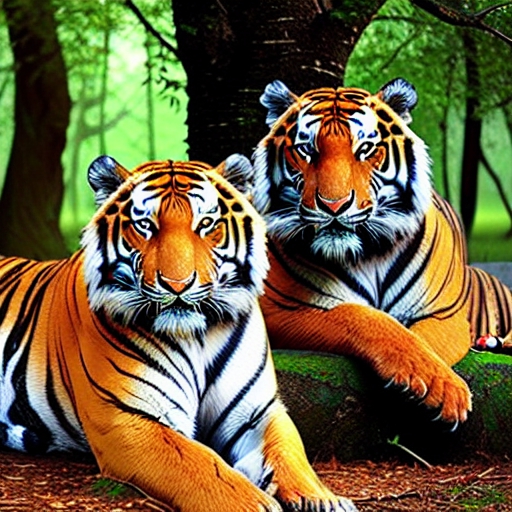 <dreamlike> a forest full of animals with tiger sitting in a tree