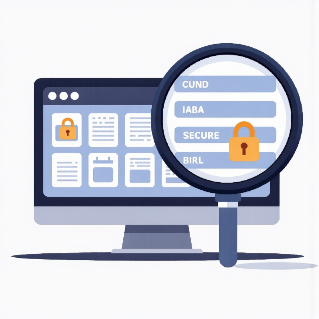 放大鏡掃描 BaFin 公司搜尋資料庫，突顯安全金融機構記錄