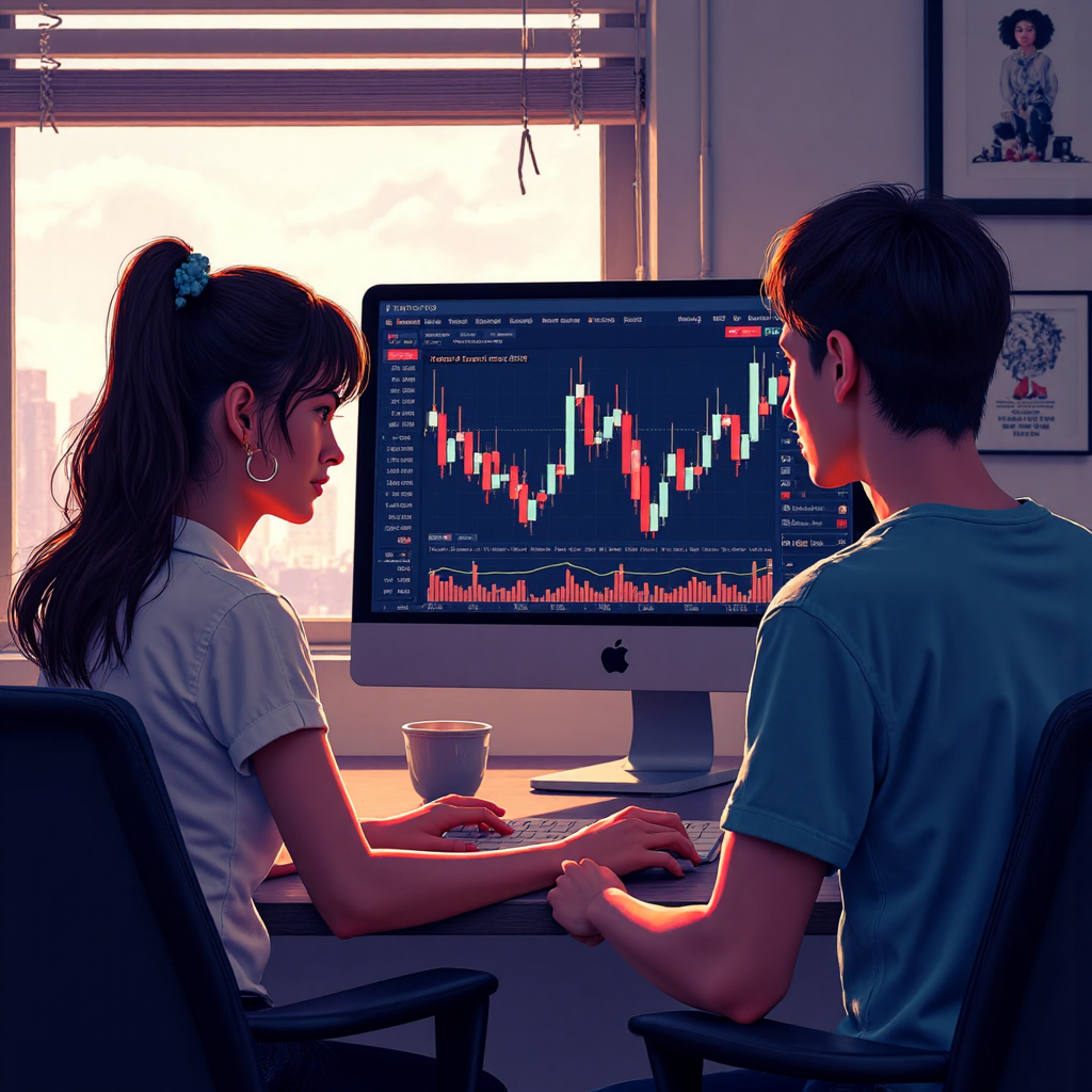 An illustration of diverse Thai traders analyzing a glowing stock chart filled with smooth, colorful Heikin Ashi candles on a computer screen bathed in soft morning light