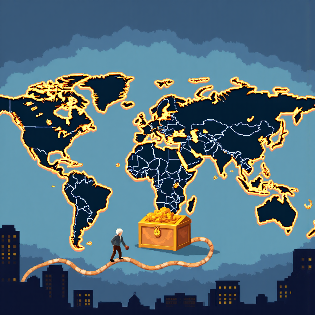 台灣投資人穿越世界地圖,通往美國股市圖標與標記 ETF 的黃金寶箱