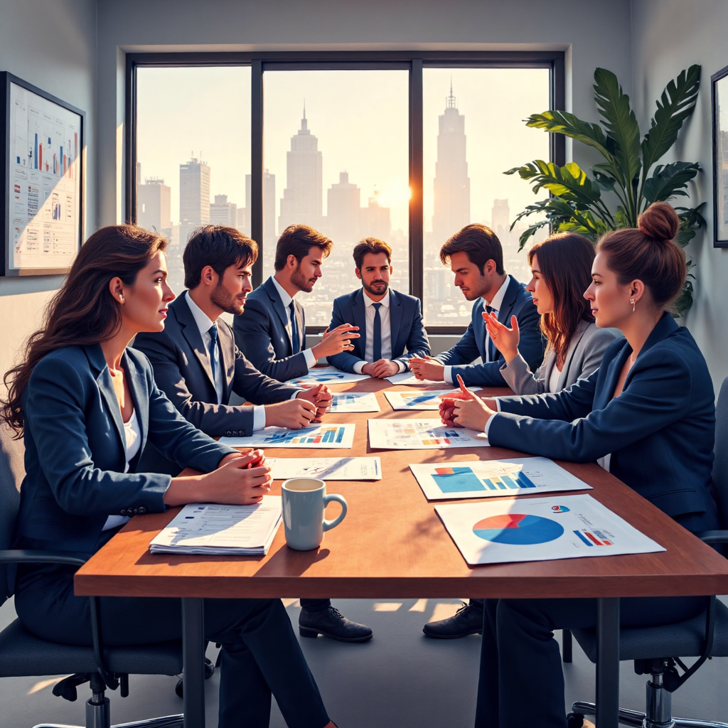 商務人士圍繞財務圖表討論的像素藝術插圖