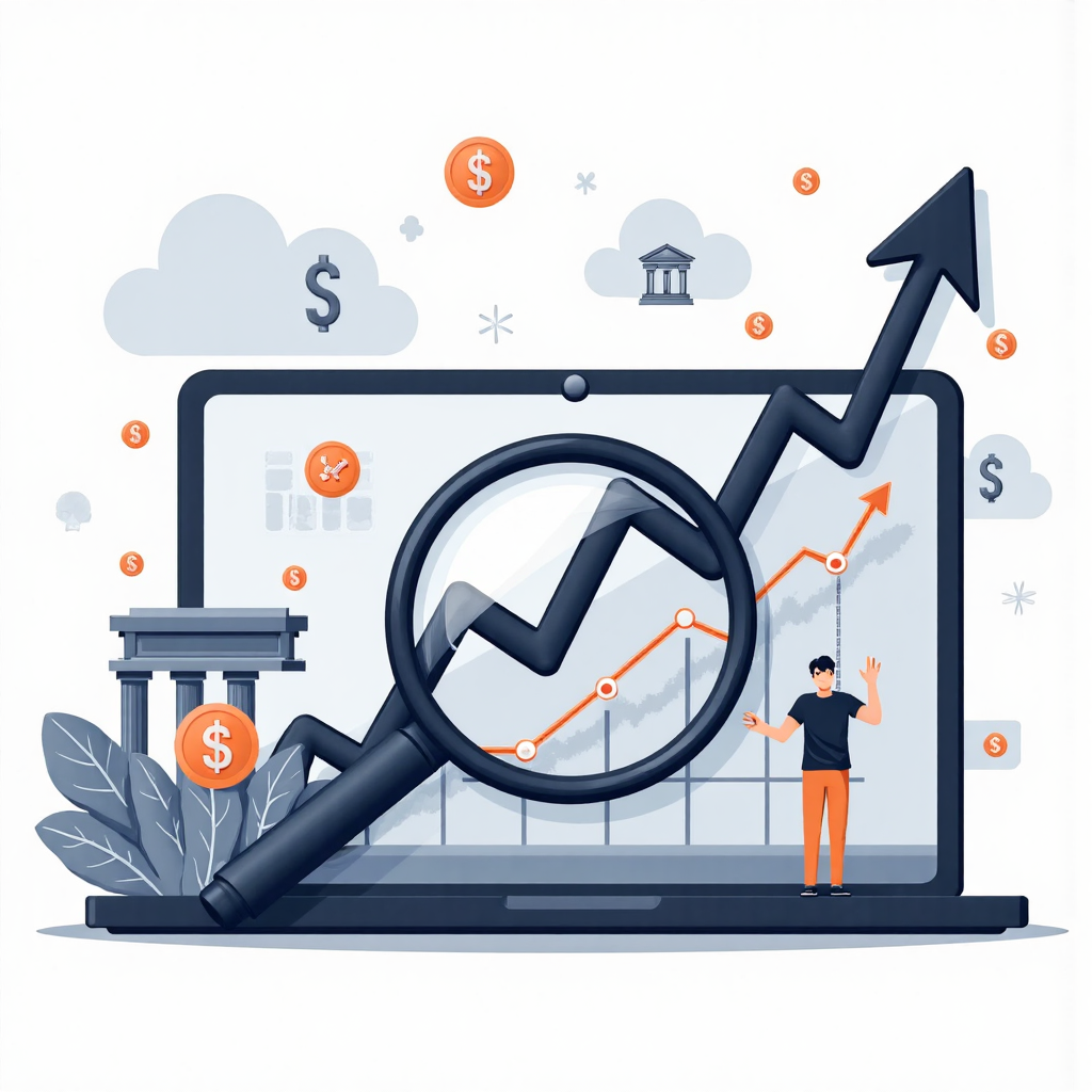 金融圖表上升趨勢的像素藝術插圖，放大鏡聚焦股票曲線，背景融入銀行元素