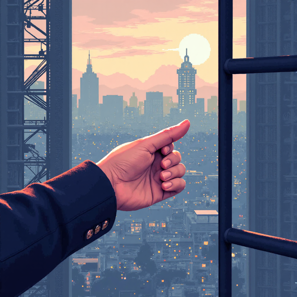 台灣投資者伸手抓住美國標普500指數上升圖,象徵投資連結與成長像素藝術風格