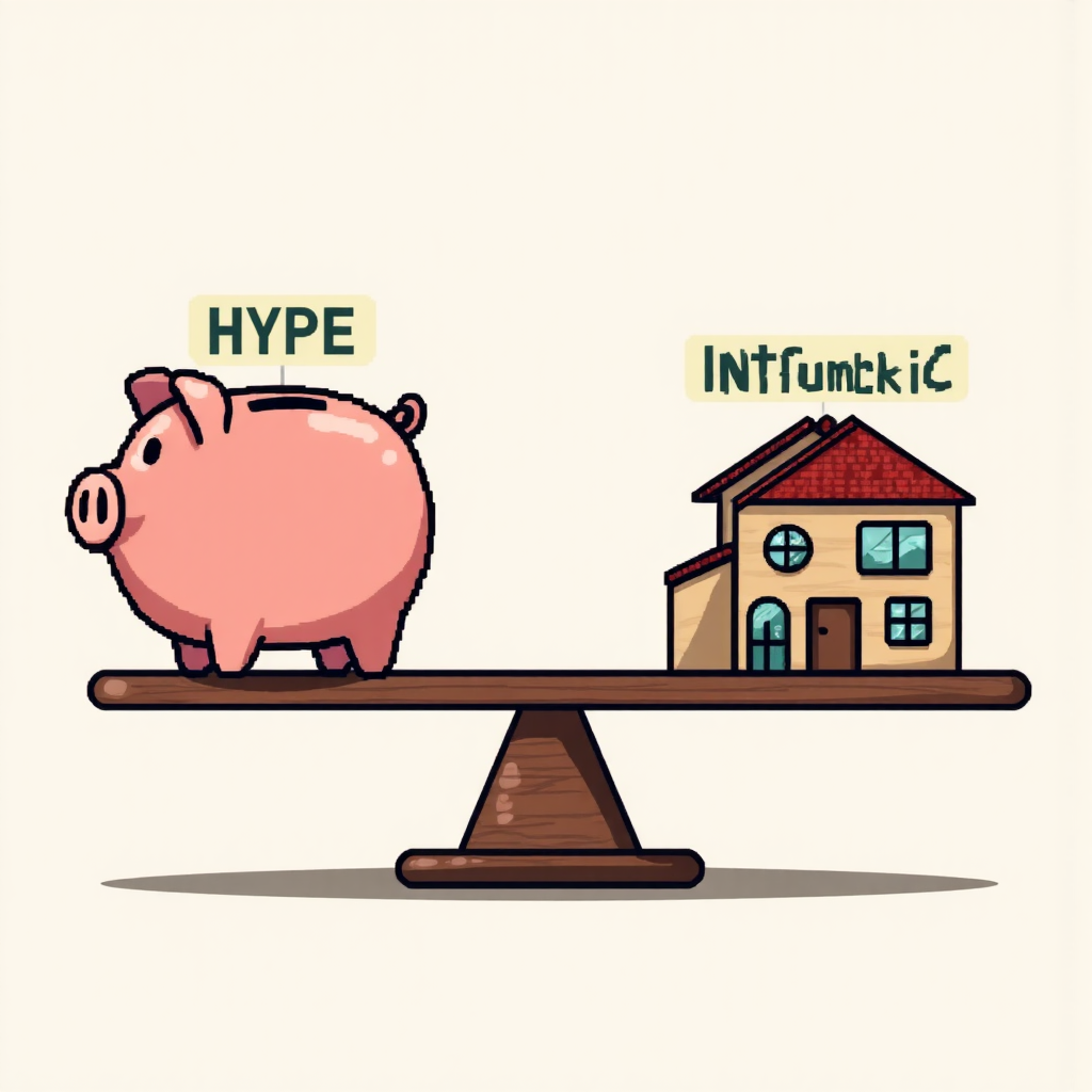 像素藝術風格的平衡天平,一側為代表炒作的膨脹存錢罐,另一側為代表內在價值的堅固房屋,強調股價膨脹與基本價值的衝突