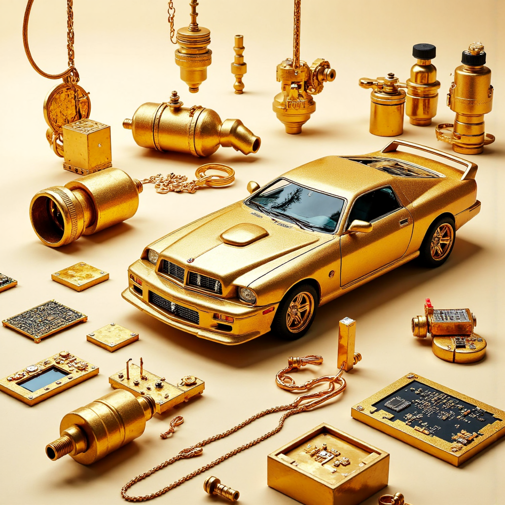 A vibrant illustration depicting various precious metal applications a car's catalytic converter a delicate gold necklace integrated circuitry and medical equipment bathed in clean bright studio light
