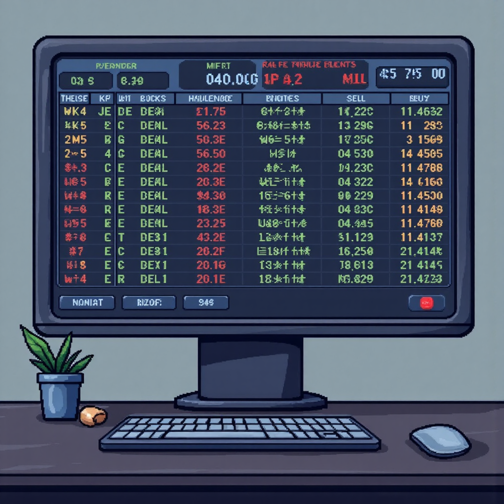 數位股票交易介面顯示訂單簿,多個賣單集中在底部價格,單一買家圖示猶豫在上方,藍灰色調強調尋找買家的挑戰