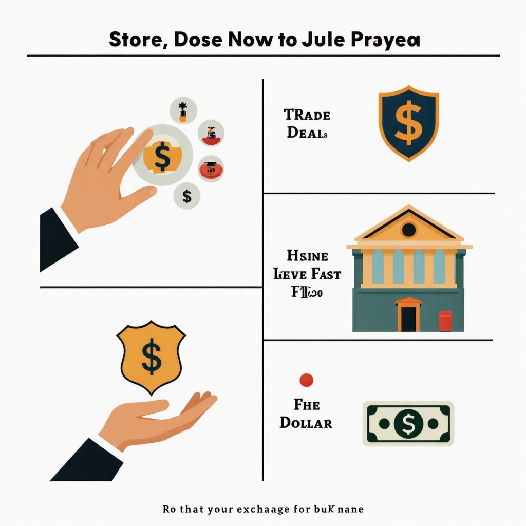 美元匯率影響因素插圖,描繪貿易協議、避險盾牌與利率上升符號,呈現央行政策決策的視覺敘事