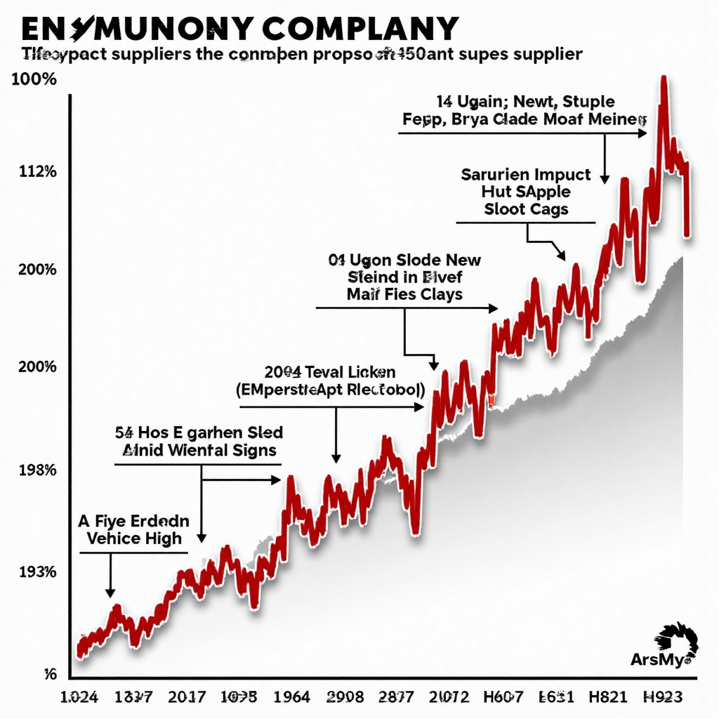 鴻海股價圖表疊加公司里程碑,如電子製造擴張、成為蘋果供應商及AI與電動車進軍,顯示這些事件對股價高低點的影響