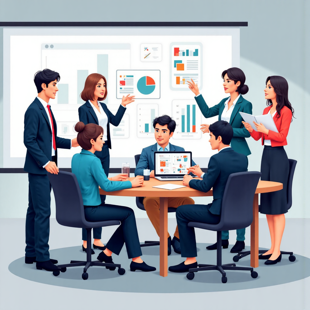 台灣辦公室中專業人士合作討論圖表，強調有效數據溝通與決策