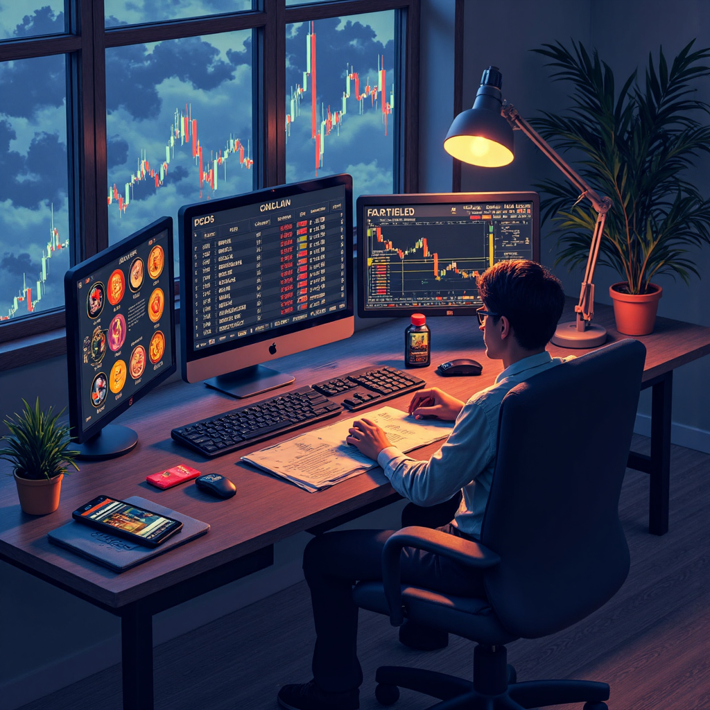 像素藝術風格的交易者桌面俯視圖,發光加密貨幣符號與放大鏡聚焦保證金追繳通知,風暴背景象徵市場波動與警示