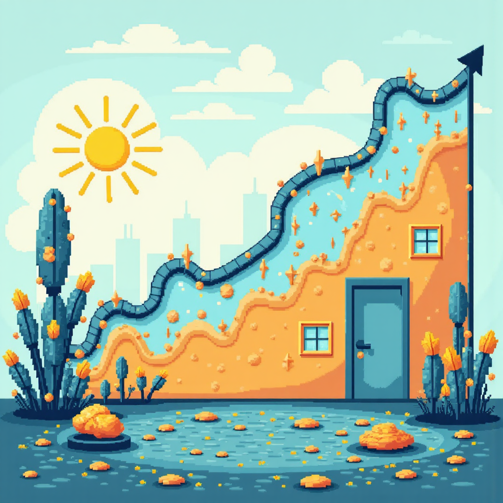 股票圖表與滯後指標背離的像素藝術插圖,藍黃色調營造現代遊戲風格