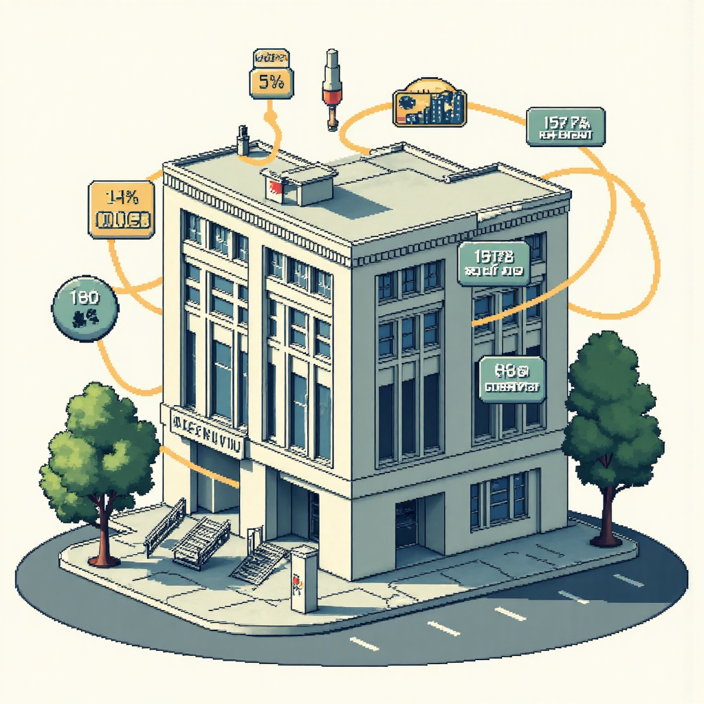 紐西蘭儲備銀行建築的細緻像素藝術插圖,周圍浮現利率和通膨數據的視覺元素,呈現專業資訊風格