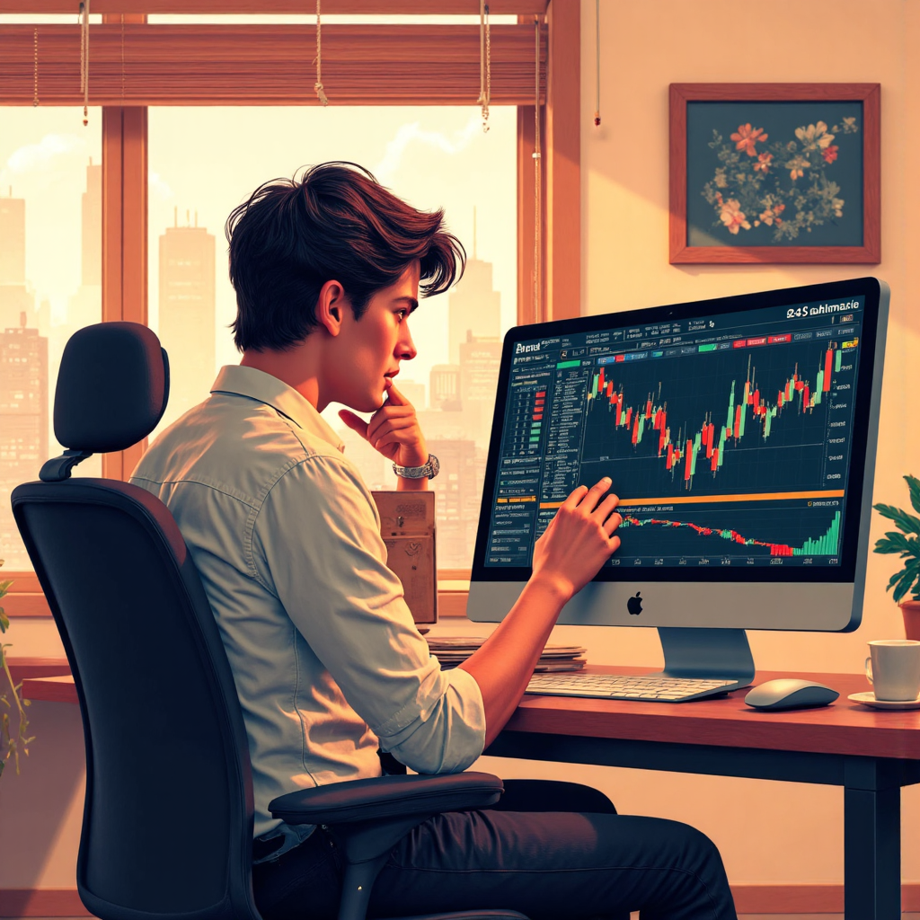 An artistic illustration depicting a trader thoughtfully reviewing market data on a tablet screen surrounded by abstract representations of market volatility and potential profit growth with a warm color palette