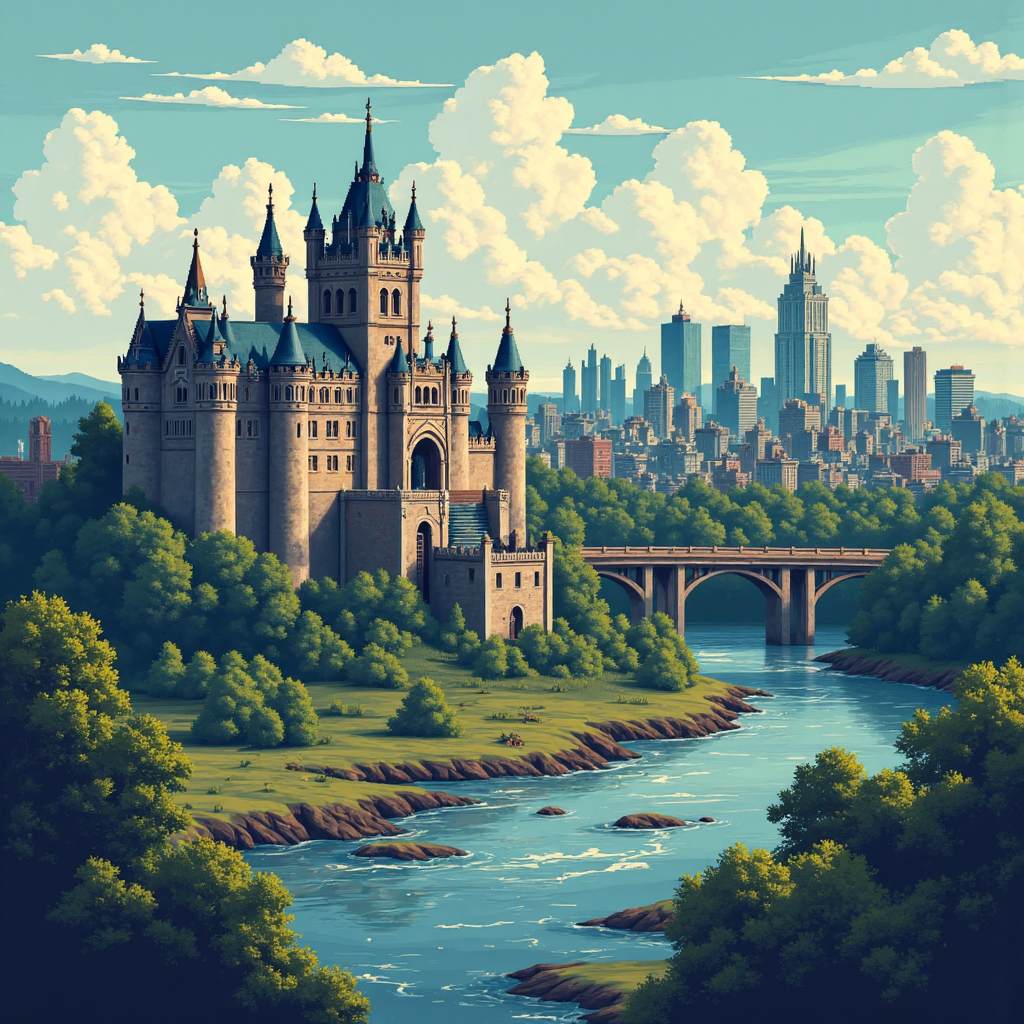 像素藝術風格插圖,描繪護城河破損的城堡象徵過時資安防護,轉變為多個小型互聯安全檢查站的強化城市