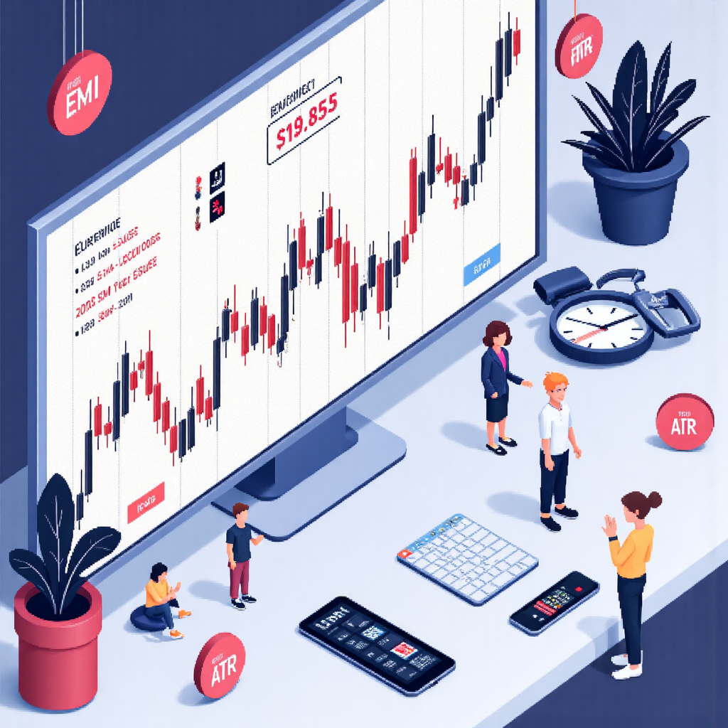 ภาพมุมสูงของกราฟตลาดการเงินที่แสดง Keltner Channel สีสันต่างๆ พร้อมไอคอน EMA และ ATR ลอยรอบๆ เพื่อบ่งบอกฐานการคำนวณ บรรยากาศสะอาดและทันสมัย