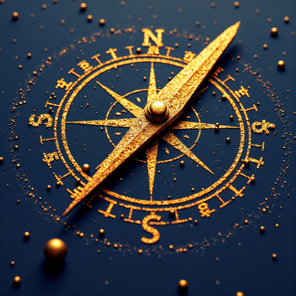 金色指南針指向未來軌跡，疊加在抽象經濟數據流上，象徵金價預測與策略性投資，使用明亮樂觀的色調