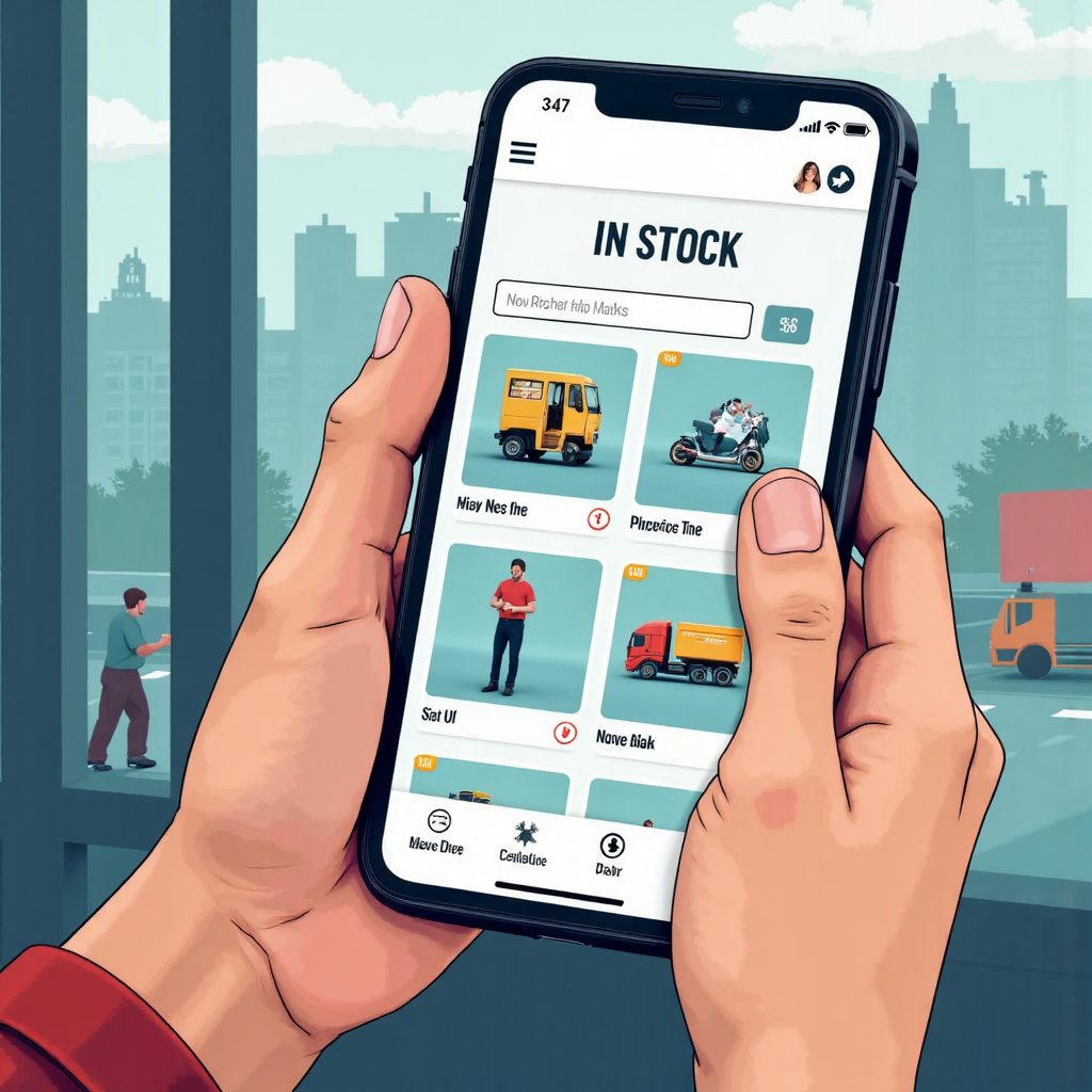 手持智慧手機顯示電子商務頁面「現貨」商品的特寫插圖，背景模糊金融圖表與交付卡車象徵即時存取的像素藝術