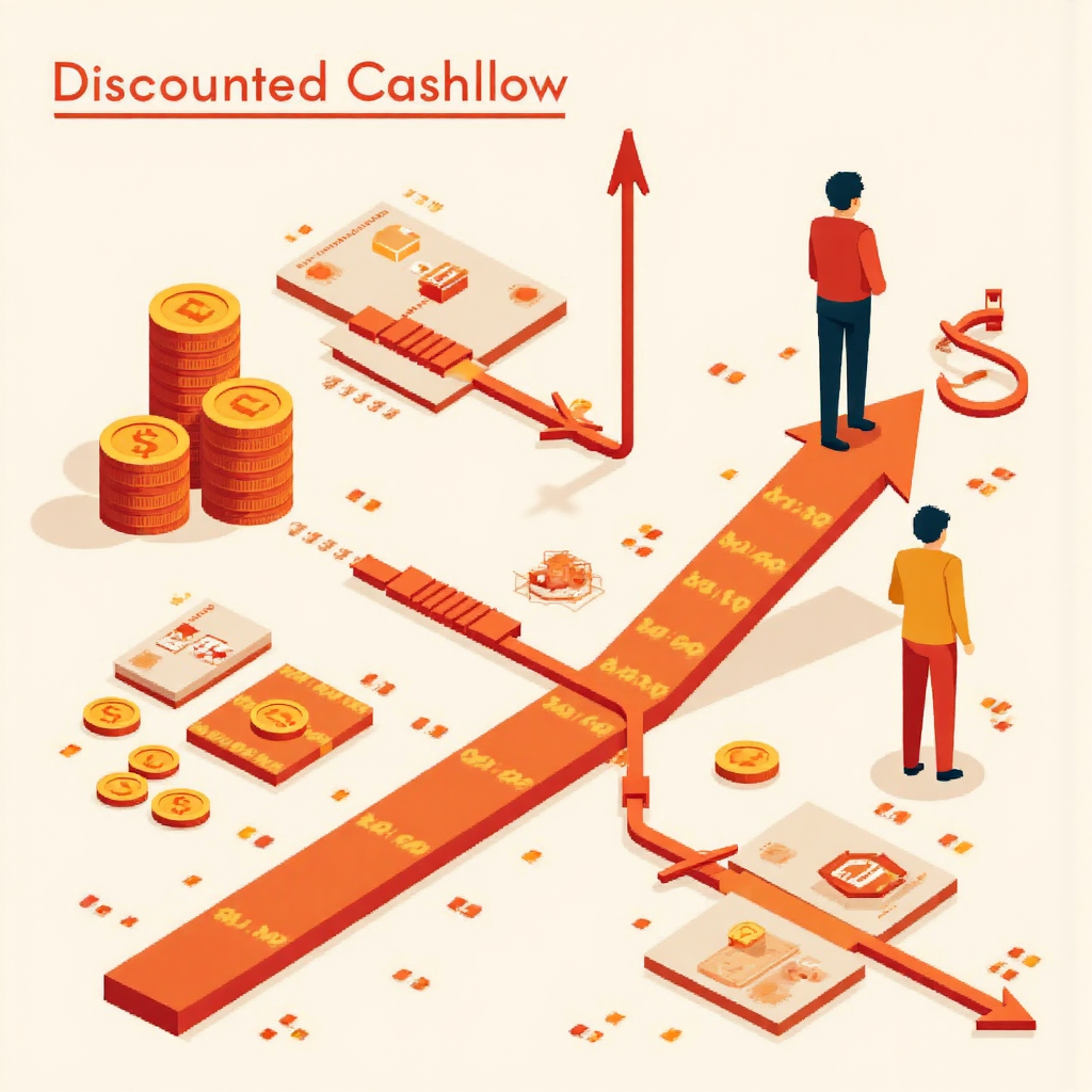 折現現金流量概念圖示,未來現金箭頭匯聚至當前價值點,融入金幣與圖表元素