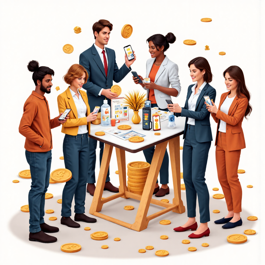 多元人群使用手機交易應用程式進行黃金投資,周圍環繞金色元素的數位插圖