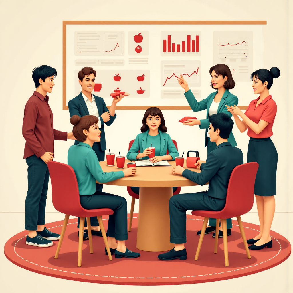 illustration of a diverse group of Thai investors gathered around a table discussing apple products and stock charts depicted in a warm friendly and informative style with subtle traditional Thai motifs