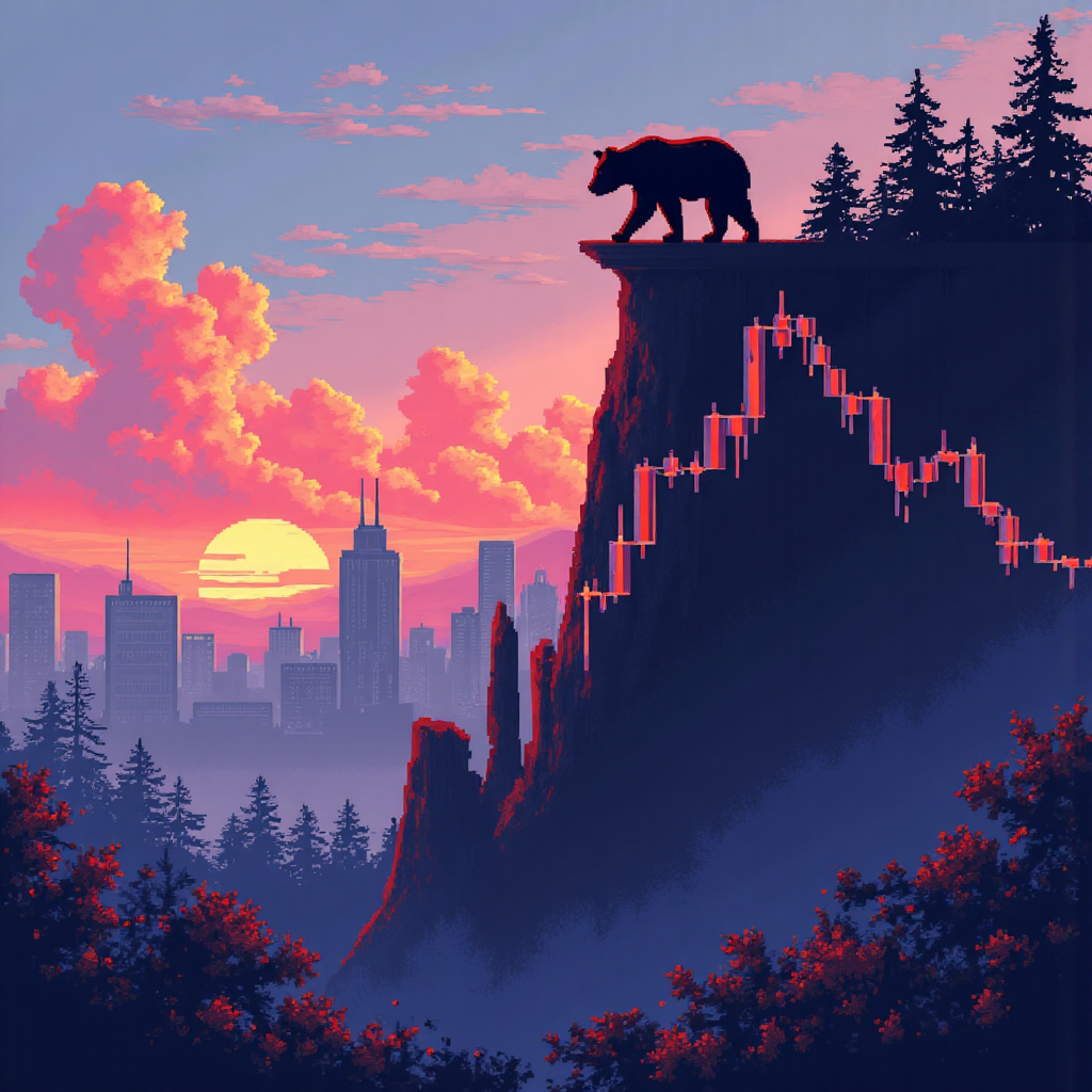 金融市場圖表顯示陡峭下跌趨勢,熊象徵俯視其上,使用鮮豔色彩傳達緊急與衰退氛圍的像素藝術插圖