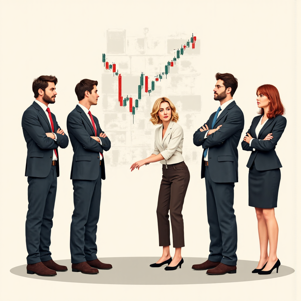 ภาพศิลปะแสดงนักลงทุนหลากหลายที่กังวลกับกราฟหุ้นที่กำลังละลาย พื้นหลังสะอาดพร้อมองค์ประกอบข้อมูลการเงินเบาๆ