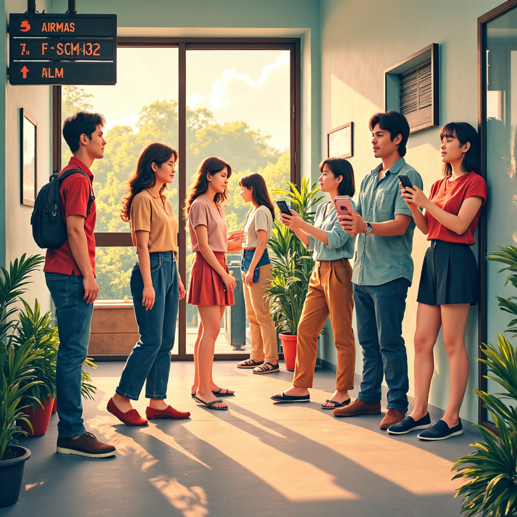 ภาพประกอบที่สดใสของกลุ่มคนไทยหลากหลายที่กำลังโต้ตอบกับเครื่องมือทางการเงินต่างๆ เช่น ตู้ ATM แอปธนาคารบนมือถือ และเคาน์เตอร์ธนาคาร ภายใต้แสงธรรมชาติอบอุ่น สื่อถึงความสะดวกและการเข้าถึงที่ง่ายดาย