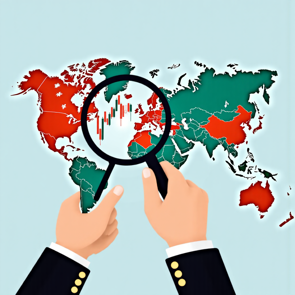 ภาพประกอบสไตล์ไอคอนมือคู่หนึ่งถือแว่นขยายส่องแผนที่โลกพร้อมกราฟอัตราแลกเปลี่ยนสกุลเงินทับซ้อนด้วยสีสันสดใสที่แสดงถึงโอกาสและความเสี่ยง