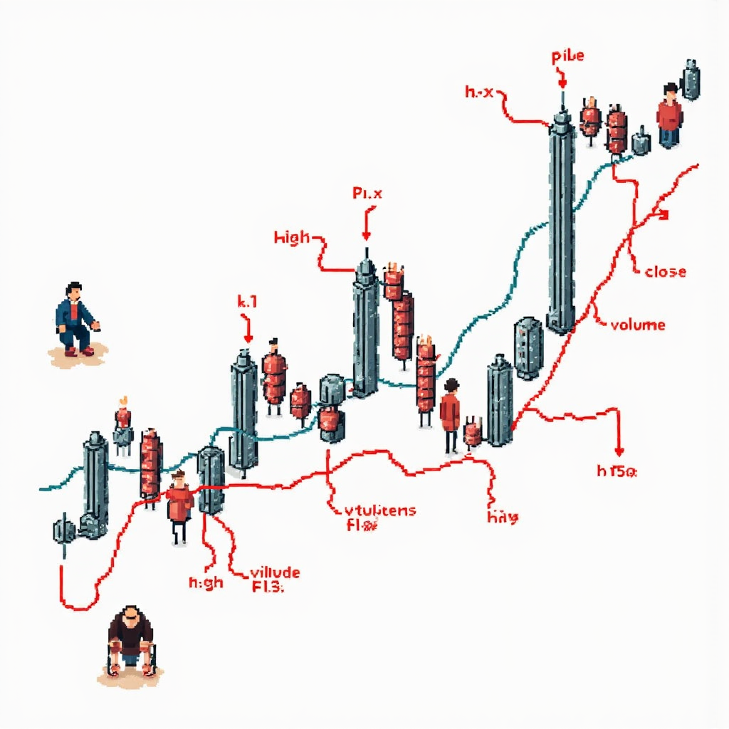 ภาพประกอบองค์ประกอบหลักของกราฟ Forex เช่น ราคาเปิด สูงสุด ต่ำสุด ปิด และปริมาณการซื้อขาย แสดงด้วยไอคอนสไตล์และลูกศรเชื่อมโยง สื่อถึงการวิเคราะห์ทางการเงิน