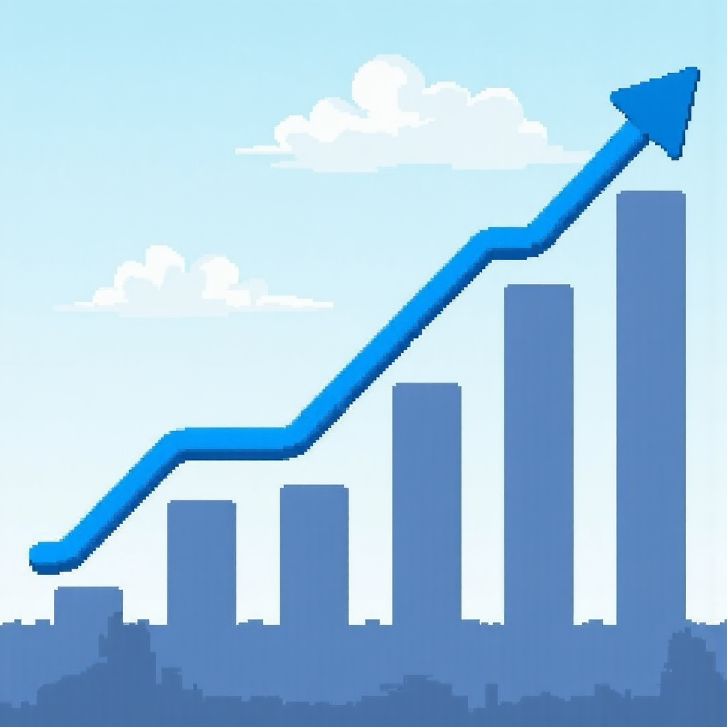 股票圖表中平滑藍色移動平均線穿越波動價格柱狀圖，背景為天空藍色雲朵圖案