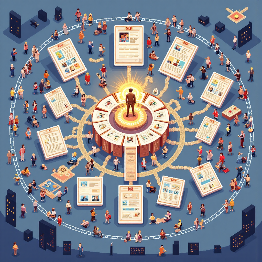 像素藝術風格的主題叢集圖像,中央樞紐頁面連結多個子主題,溫暖光芒象徵建立的主題權威與專業深度