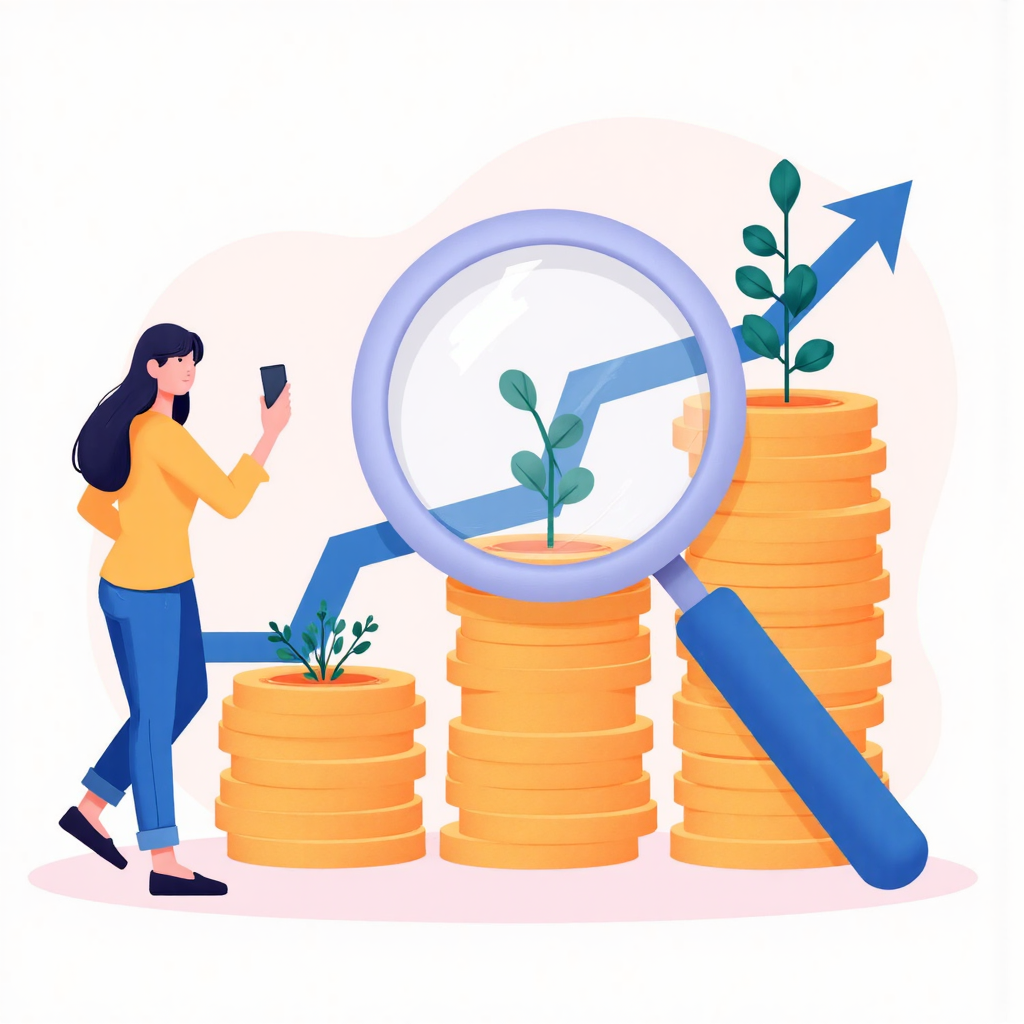 投資成長的像素藝術插圖，展示放大鏡檢視堆疊成長的錢幣與向上趨勢線