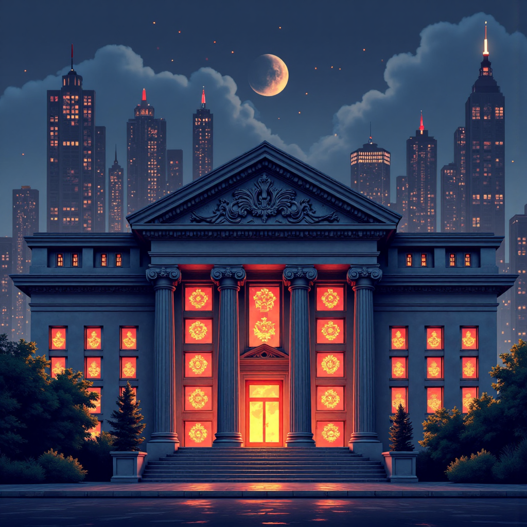 An illustration of a central bank building with glowing gears and currency symbols flowing in and out representing monetary policy adjustments