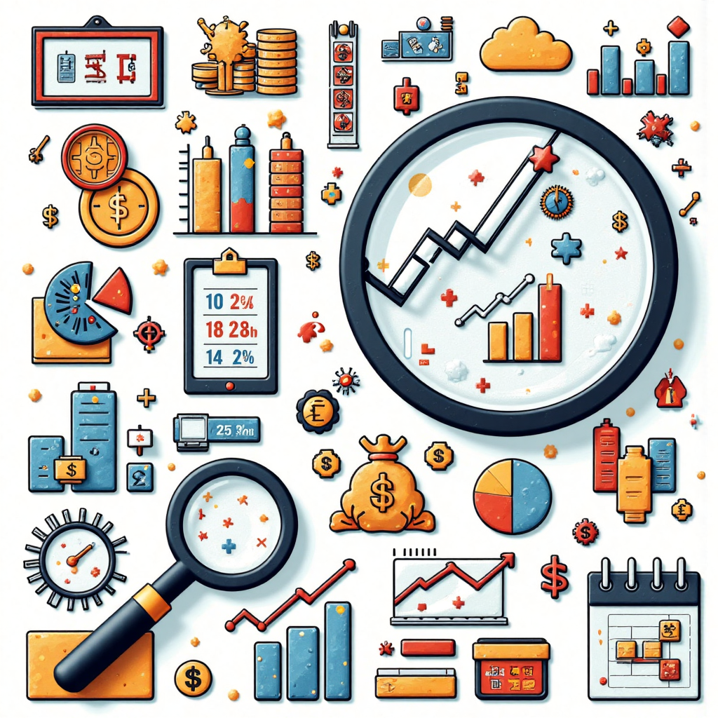 overhead view of diverse financial charts and graphs with magnifying glass highlighting tiny stock symbols in a whimsical illustrated style