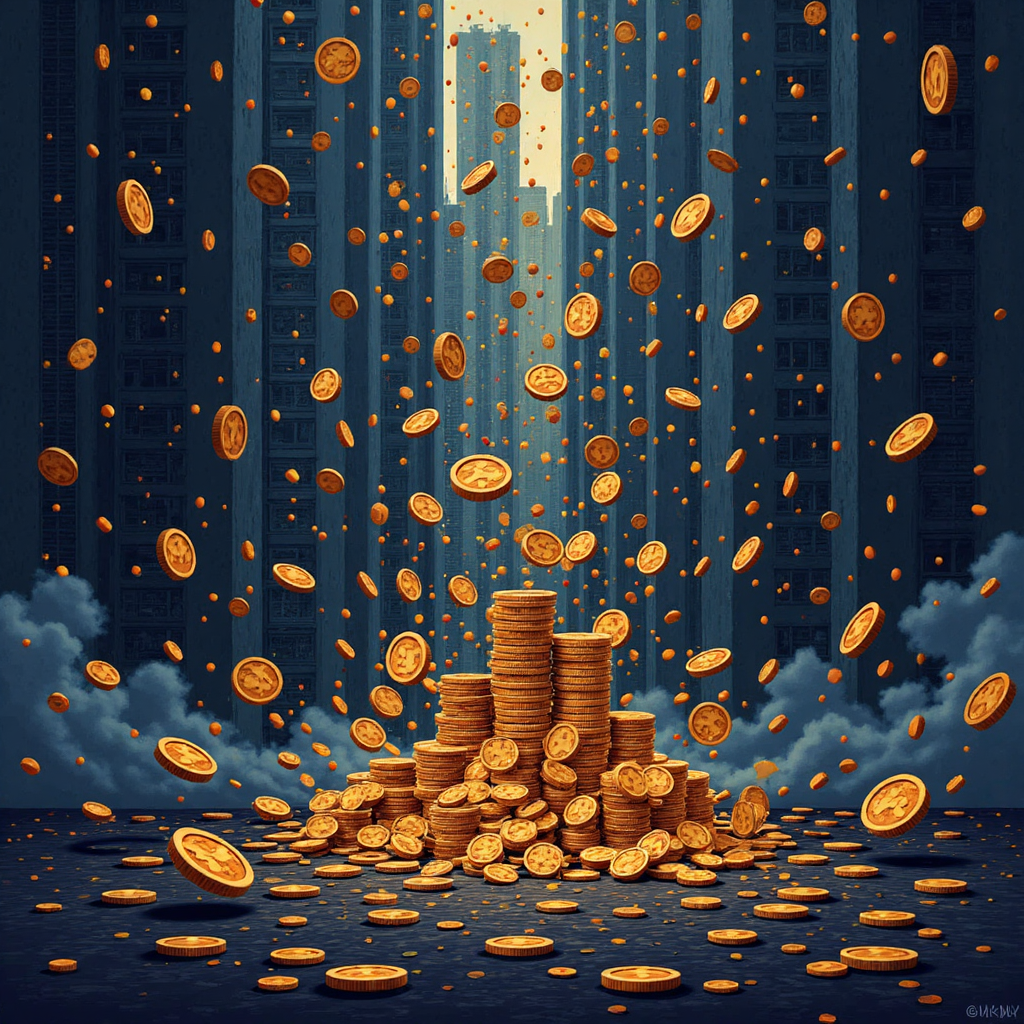 ภาพประกอบวังวนวุ่นวายของเหรียญตกลงและกราฟธุรกิจที่แสดงภาวะเศรษฐกิจถดถอย แสงมืดสร้างความไม่มั่นคง