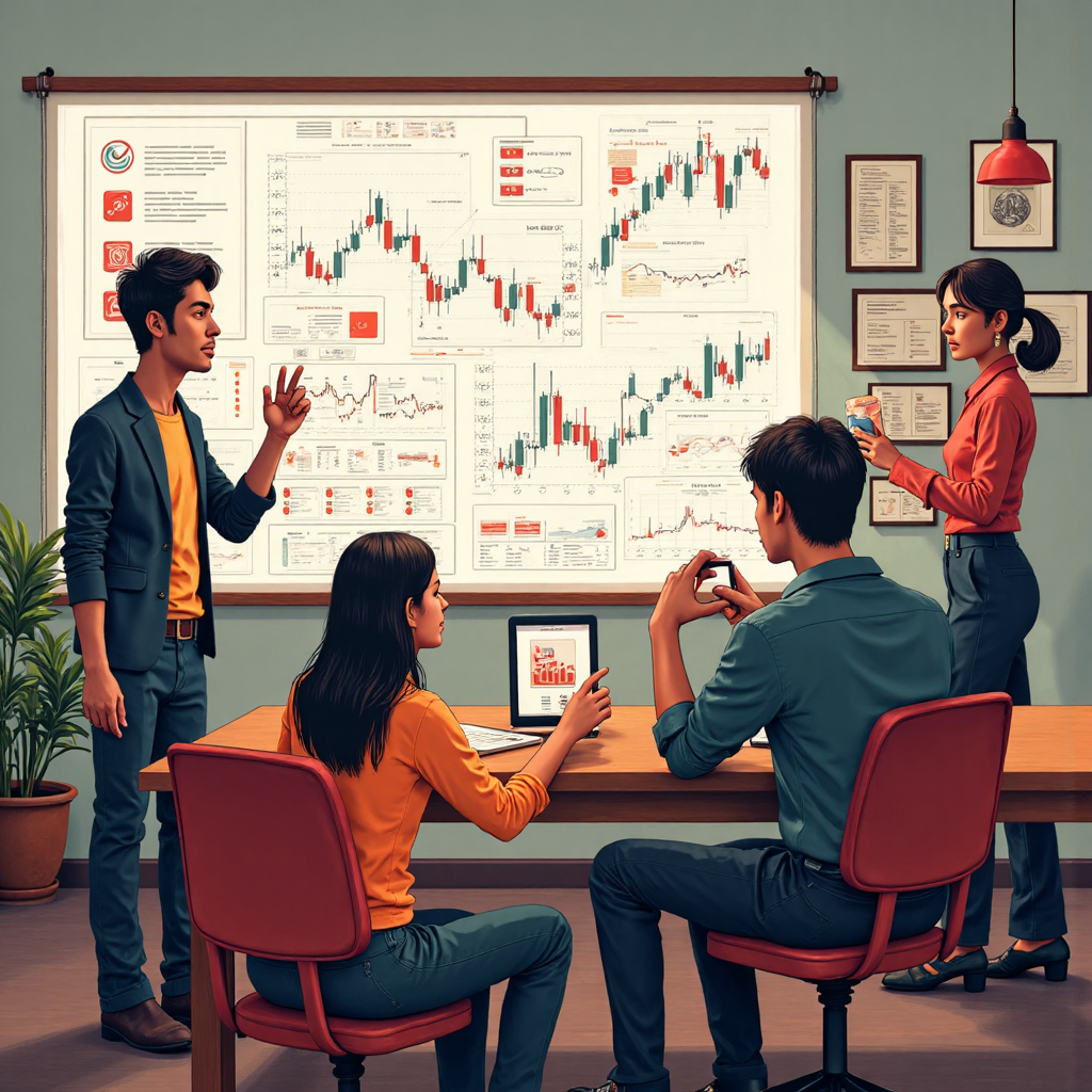 An illustration depicting a wise Thai mentor guiding a small group of aspiring traders through complex Forex charts and strategies with clear visual aids and a warm encouraging ambiance