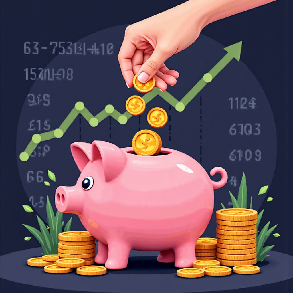 豬仔銀行注入硬幣與財務圖表的光輝象徵經濟穩定的像素藝術