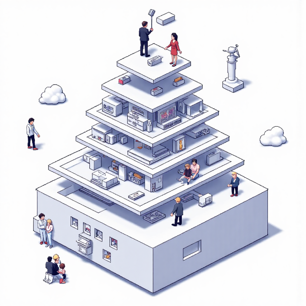 像素藝術風格的網站階層金字塔,淺層結構清晰易達,強調扁平架構對搜尋引擎爬取的效率益處